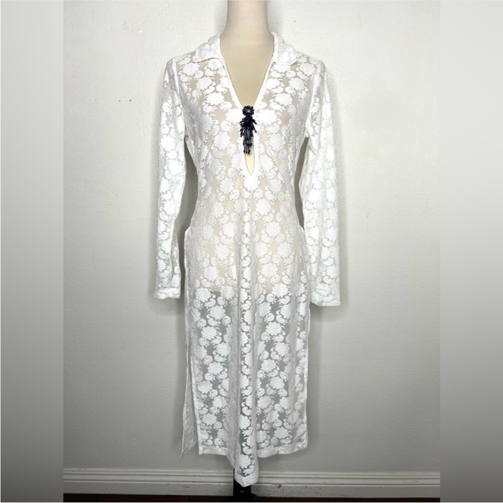 Anthropology Sheer White Lace Tunic with Side Slits and Black Embellishment